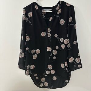 Daniel Rainn Koda Blouse Women’s Size Medium Split Neck Black Floral 3/4 Sleeve